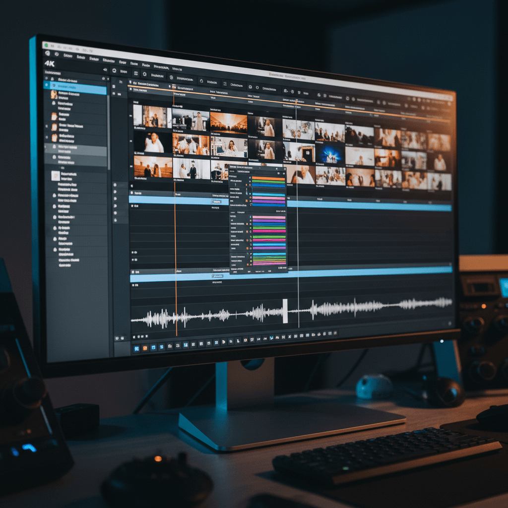 Extreme close-up of video editing timeline with organized clips, audio tracks, and color correction nodes Extreme close-up of video editing timeline with organized clips, audio tracks, and color correction nodes